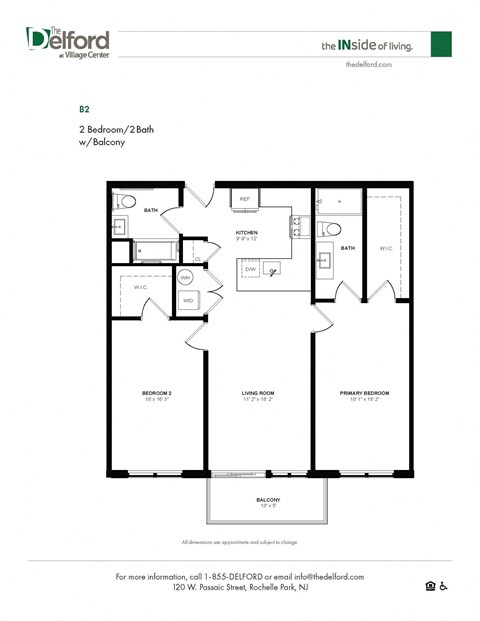 Floor plan for 2 beds, 2 baths, 1050 sqft